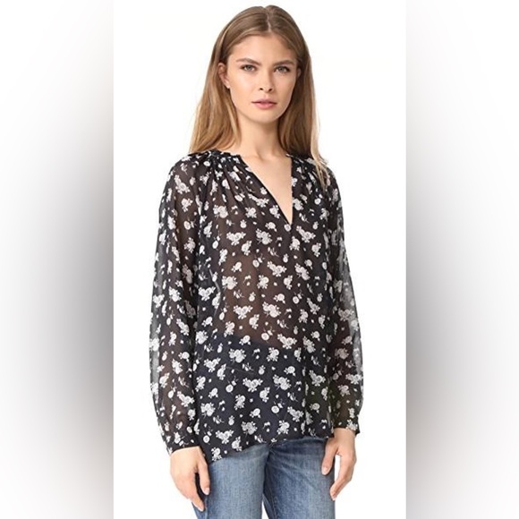 Vince Calico Floral Print Silk Blouse In Coastal Blue - Picture 14 of 16